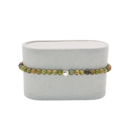 Edelsteinarmband „Unakit & Herz silber“ (4mm facettiert) für Heilung, Herzöffnung & emotionale Balance