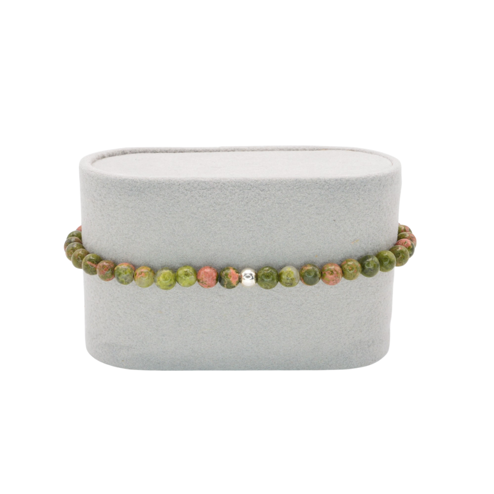 Edelsteinarmband „Unakit & Silber“ (4mm Perlen) für Erdung, Balance & innere Stärke