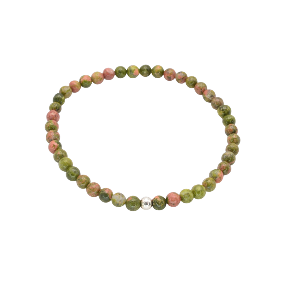 Edelsteinarmband „Unakit & Silber“ (4mm Perlen) für Erdung, Balance & innere Stärke