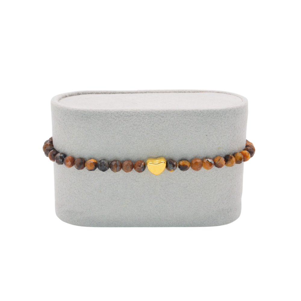 Edelsteinarmband „Tigerauge & Herz gold“ (4mm Perlen, facettiert) für Stärke, Selbstvertrauen & Lebensfreude