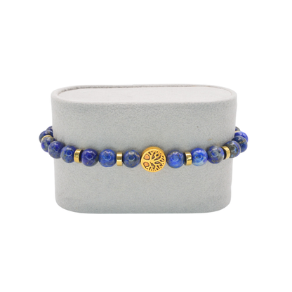 Edelsteinarmband „Lapislazuli & Lebensbaum Deluxe gold“ (6 mm Perlen) für Weisheit, Schutz & innere Stärke