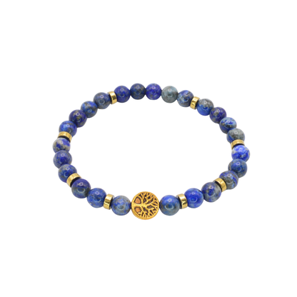 Edelsteinarmband „Lapislazuli & Lebensbaum Deluxe gold“ (6 mm Perlen) für Weisheit, Schutz & innere Stärke