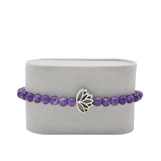 Edelsteinarmband „Amethyst & Lotusblume silber“ (6 mm Perlen) für Ruhe, Schutz & spirituelles Wachstum