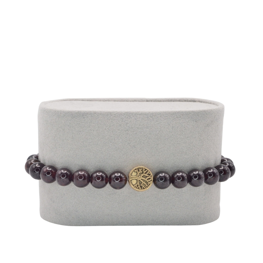 Edelsteinarmband „Granat & Lebensbaum gold“ (6 mm Perlen) für Energie, Lebensfreude & Schutz