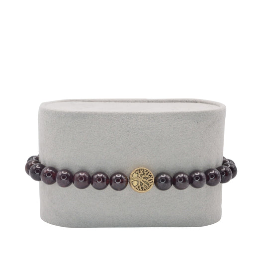 Edelsteinarmband „Granat & Lebensbaum gold“ (6 mm Perlen) für Energie, Lebensfreude & Schutz