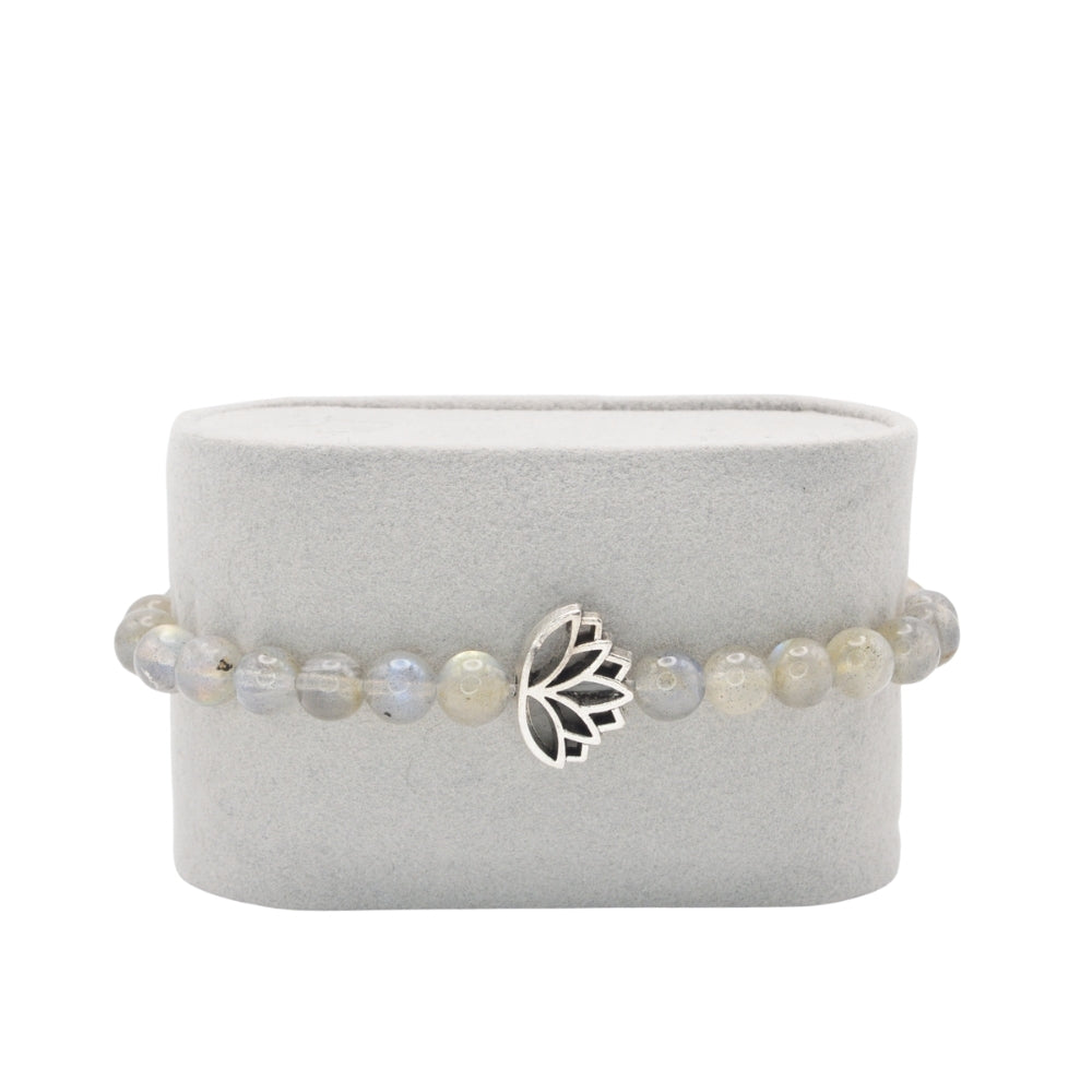 Edelsteinarmband „Labradorit & Lotusblume silber“ (6 mm Perlen) für Intuition, Klarheit & spirituelle Balance