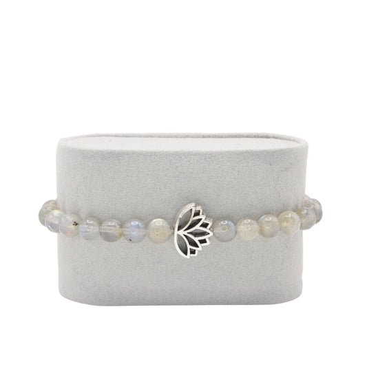 Edelsteinarmband „Labradorit & Lotusblume silber“ (6 mm Perlen) für Intuition, Klarheit & spirituelle Balance