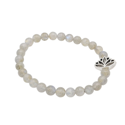 Edelsteinarmband „Labradorit & Lotusblume silber“ (6 mm Perlen) für Intuition, Klarheit & spirituelle Balance