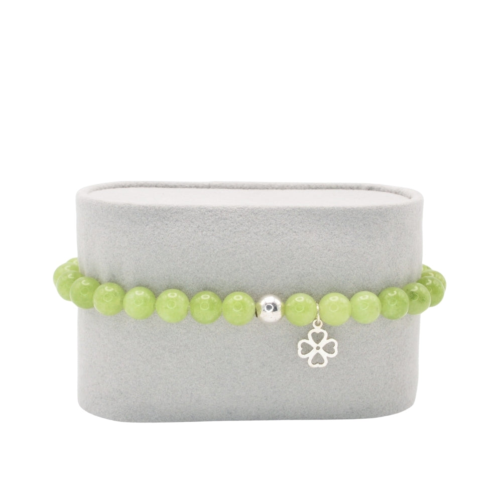 Edelsteinarmband „Peridot & Kleeblatt silber“ (6?mm Perlen) für Lebensfreude, Glück & Schutz