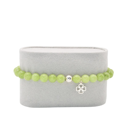 Edelsteinarmband „Peridot & Kleeblatt silber“ (6?mm Perlen) für Lebensfreude, Glück & Schutz