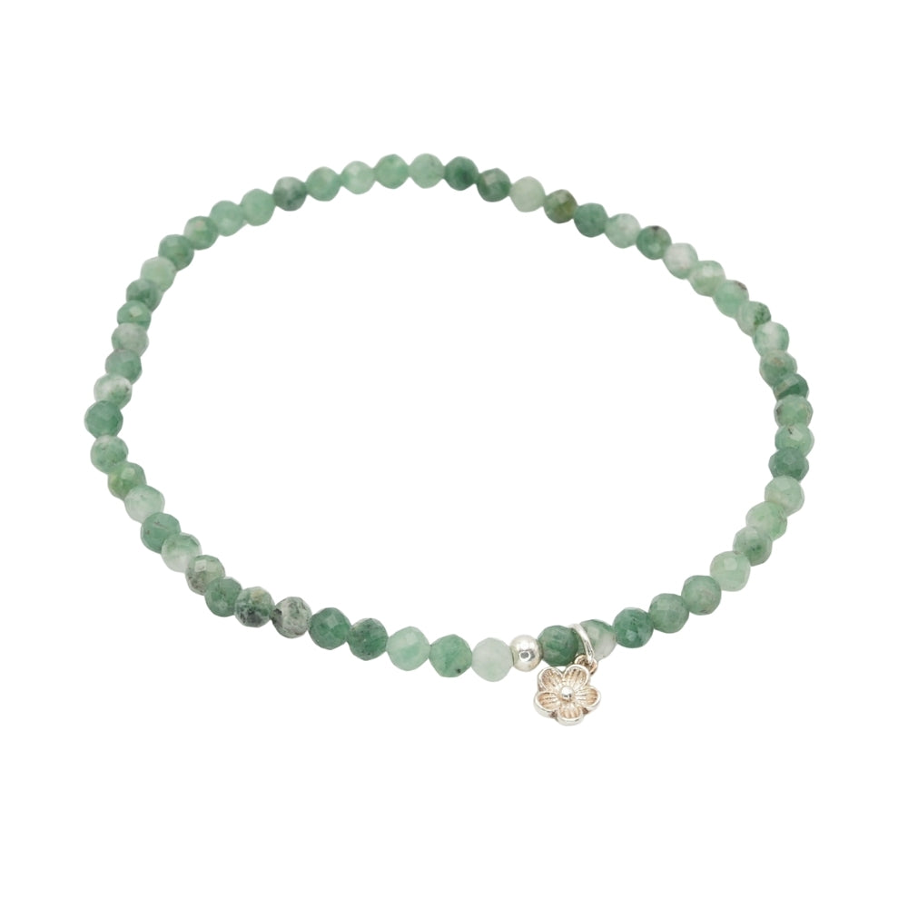 Edelsteinarmband „Jadeit & Blume silber“ (3?mm Perlen, facettiert) für Harmonie, Schönheit & Ausstrahlung