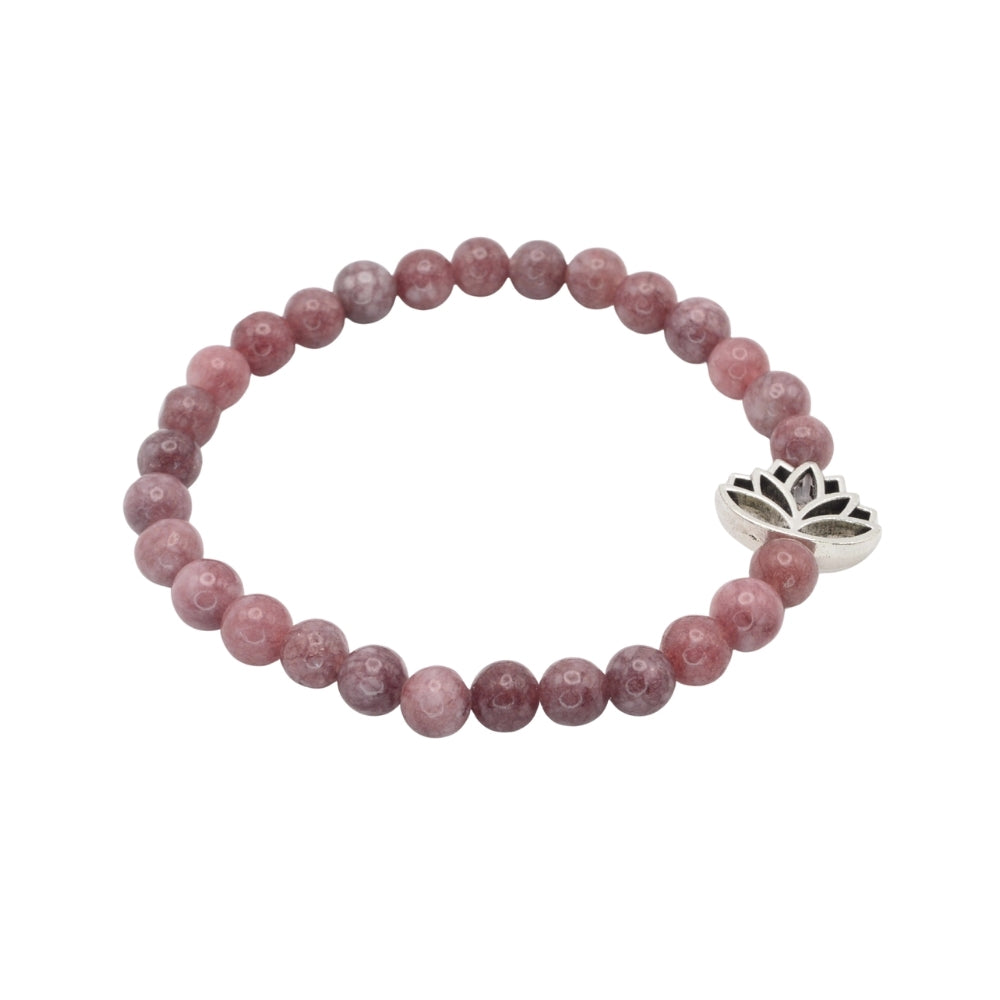 Edelsteinarmband „Lepidolith & Lotusblume silber“ (6 mm Perlen) für Gelassenheit, Balance & Neubeginn