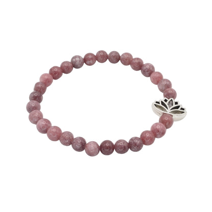 Edelsteinarmband „Lepidolith & Lotusblume silber“ (6 mm Perlen) für Gelassenheit, Balance & Neubeginn