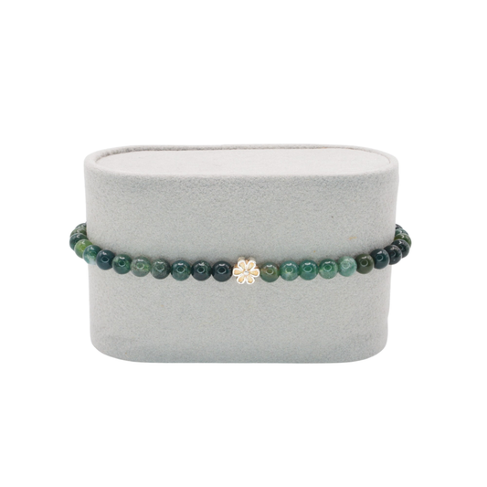 Edelsteinarmband „Moosachat & Blume silber“ (4 mm Perlen) für Erdung, Harmonie & innere Ruhe