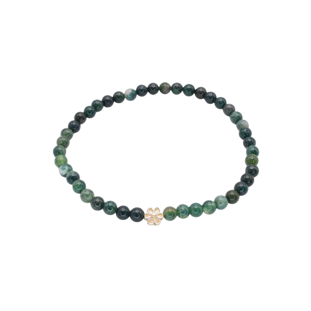 Edelsteinarmband „Moosachat & Blume silber“ (4 mm Perlen) für Erdung, Harmonie & innere Ruhe