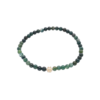 Edelsteinarmband „Moosachat & Blume silber“ (4 mm Perlen) für Erdung, Harmonie & innere Ruhe