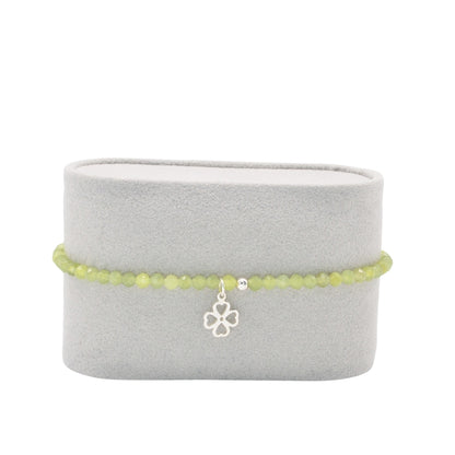 Edelsteinarmband „Peridot & Kleeblatt silber“ (3?mm Perlen, facettiert) für Glück, Lebensfreude & Schutz