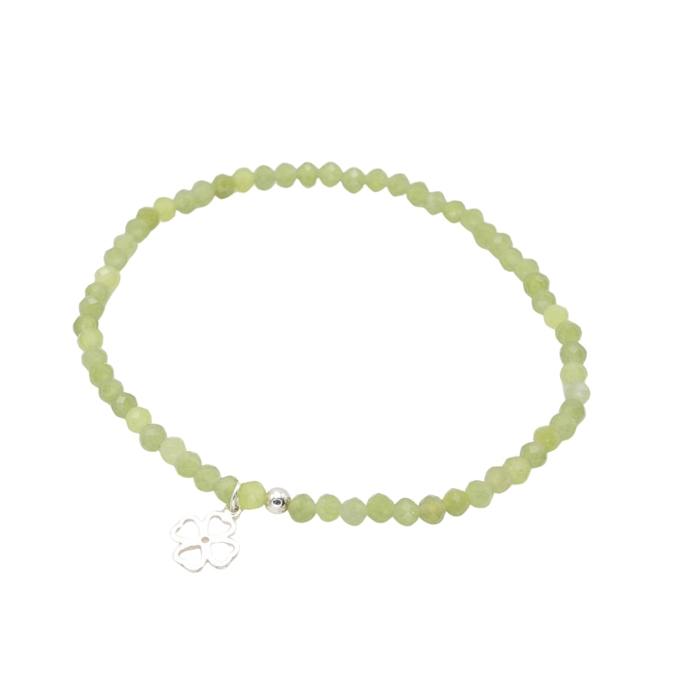 Edelsteinarmband „Peridot & Kleeblatt silber“ (3?mm Perlen, facettiert) für Glück, Lebensfreude & Schutz