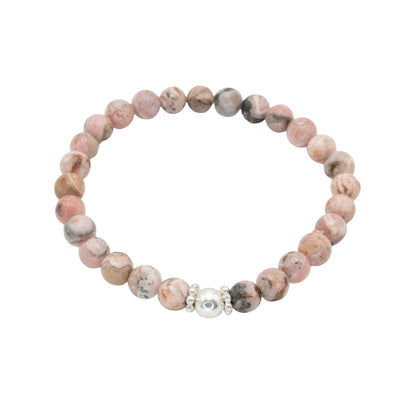 Edelsteinarmband „Rhodochrosit & Silber Deluxe“ (6 mm Perlen) für Liebe, Eleganz & Herzensfreude
