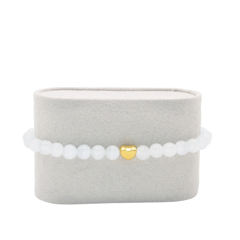 Edelsteinarmband „Selenit & Herz gold“ (6mm Perlen) für Reinheit, Liebe & innere Harmonie