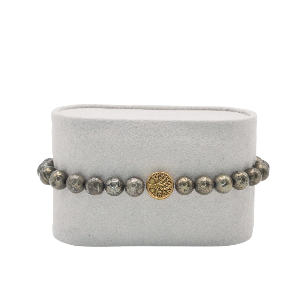 Edelsteinarmband „Pyrit & Lebensbaum gold“ (6mm Perlen) für Fülle, Erfolg & Selbstwert