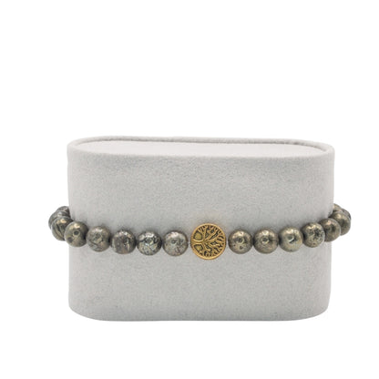 Edelsteinarmband „Pyrit & Lebensbaum gold“ (6mm Perlen) für Fülle, Erfolg & Selbstwert