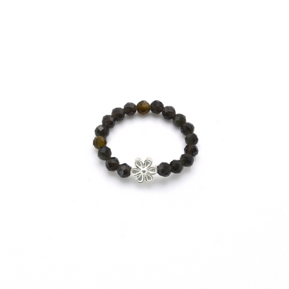 Edelsteinring "Obsidian & Blume silber" (3mm Perlen, facettiert) für Schutz & innere Stärke
